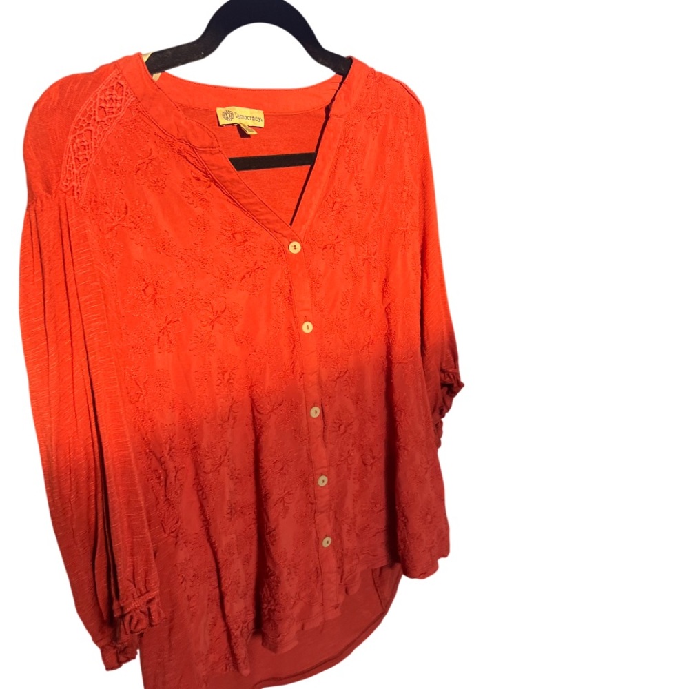 Democracy XL Women's Burnt Orange/Rust Button-Up Embroidered Top